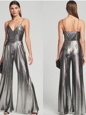 NEW! Retrofete Everly Metallic Silver Gunmetal Flare Wide Leg Jumpsuit Size XXL
